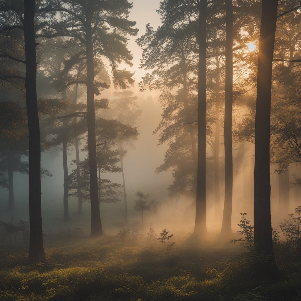 Misty forest at dawn with golden morning light filtering through ancient tall trees and soft fog over a calm woodland floor