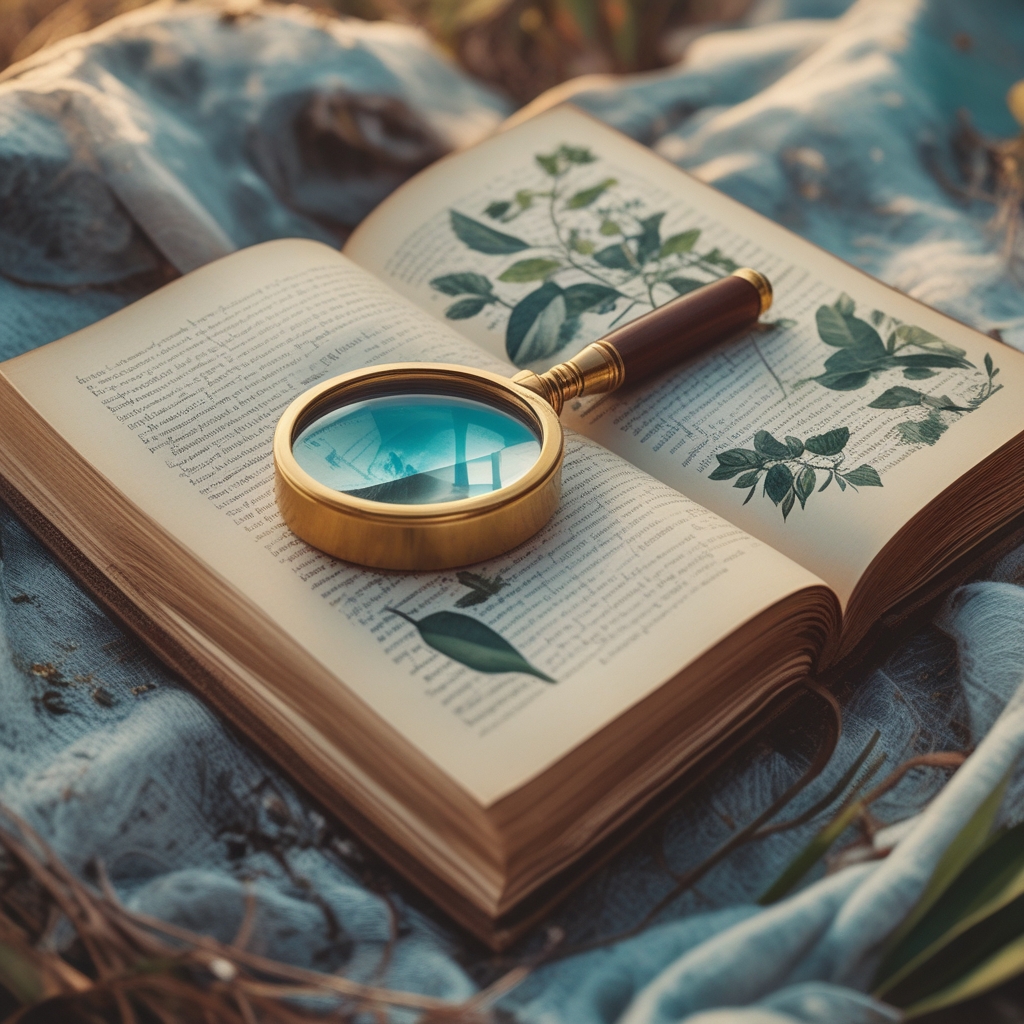 Close-up of an open book with a magnifying glass resting on botanical illustrations, representing careful examination and research